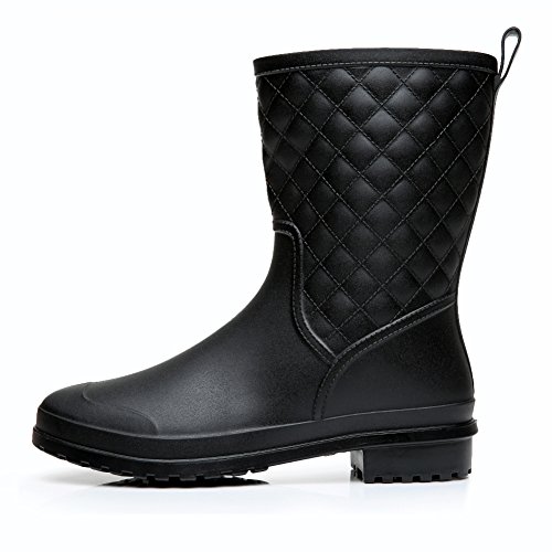 17KM Womens Black Short Anti Slip Rain Boots Mid-Calf Waterproof Rubber Garden Rain Shoes 9 US, Grid Black - Thumbnail 2