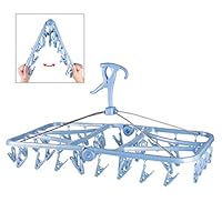 Foldable Clip and Drip Hanger, Socks Hanger Underwear Hanger with 36 Clothespins & Wind-Proof Hook, Hanger for Drying Towels, Bras, Baby Clothes, Plastic Laundry Sock Drying Hanger, Large Blue