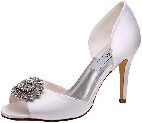M MULGARIA Women High Heel Peep Toe D'Orsay Pumps Rhinestones Satin Evening Prom Wedding Shoes (JM-5623-EU 39/7.5B(M) US White)