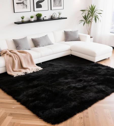 ROHATIM Teppich Wohnzimmer 200 x 300 cm Schwarz Waschbar Rutschfester Hochflorteppich Kinderzimmer Schlafzimmer Flauschiger Teppiche