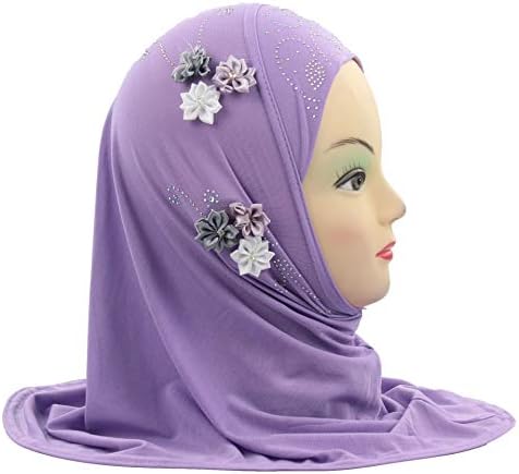 Girls Kids Muslim Hijab Islamic Arab Scarf Shawls with Flowers Diamonds Decoration for age 2-6