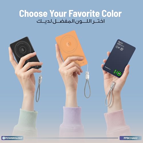 Powerology MagVolt 5000mAh Powerbank, Wireless Portable Charger, 15W & PD 20W Fast Charger, Compatible with Magsafe Power Bank, Built-in Sling Cable, Smart TFT Display for iPhone 17 Series (Orange)