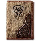 ARIAT Mens Tri-fold Wallet Leather Calf Hair Laser Etched Logo Brown A3564402