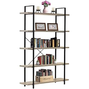Sorbus Bookshelf 5 Tiers Open Vintage Bookcase Storage Organizer, Modern Industrial Style Bookshelves Furniture for Home Office, Wood Look & Metal Frame (5-Tier, Light Grey)