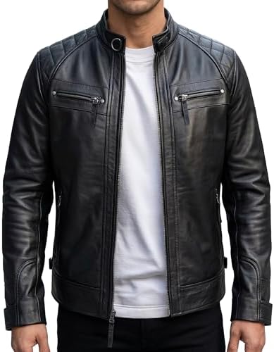 Men Moto Cow Hide Motorcycle Real Leather Jacket C144 XS Black at