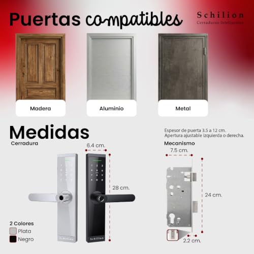 Schilion Cerradura Inteligente WiFi + Bluetooth para Puerta Principal Exterior Chapa Electrónica Apertura con Huella, Código, Tarjeta, App Móvil, Control Remoto - Espesor Recomendado de 3.5 a 12 cm