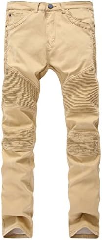 HerQueen Men Biker Jeans Elastic Moto Stretch Pants with Distressed Style khaki 32