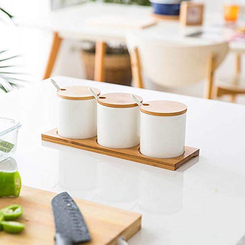 VanEnjoy Ceramic Round Sugar Spice Containers Porcelain Jar with Bamboo Lids, Tray and Spoons Round Condiment Set of 3 - Thumbnail 3