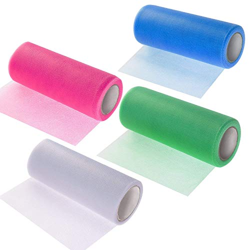 Drhob 4 Colors Tulle Netting Rolls Bolt Fabric Ribbons 6 x 900 Inch by 25 Yards Spool for Bow Tutu Skirt DIY Craft Sewing Gift Wrapping Clothes Wedding Decoration - Pink, Green, White, and Blue