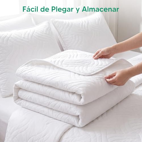 VIOPY Colcha Ligera matrimonial,210×240 CM,cubrecama Reversible,con 2 Funda de Almohada,edredones,Suave Tacto, Ligero y Fresco,Ropa de Cama,Verano y Uso Anual.Blancos para el hogar(Blanco)