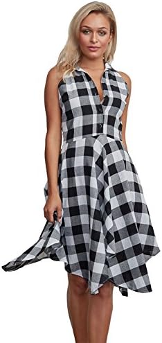 Delemo Fashion Chic Black And White Grid Printing Sleeveless Irregular Skirt Shirt Dress Black And White Grid S