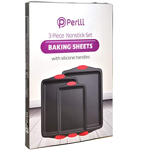 3 Piece Baking Sheets Nonstick Bakeware Set, Premium Cookie Sheet Pan Set with Silicone Grip Handles, Professional Steel Pan Baking Supplies Rectangle Cookie Pans in 3 Sizes by Perlli - Thumbnail 6
