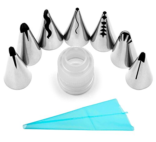Professional Piping Tips Set - Includes Buttercream Frosting Recipe, Video Instructions, Coupler, and Reusable Piping Bag - Professional Cake & Cupcake Decorating Nozzles by LiveEco