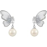 Butterfly Stud Earrings for Women Big Faux Pearl Dangle Earrings Cubic Zirconia Butterfly Dangling Earrings Birthday Jewelry Gift