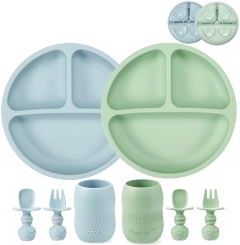 Set Pandaear Sicuro Set Ciotole Con Ventosa PandaEar - 2 Ciotole Acciaio Inox + 4 Posate Silicone Bambini Alimentazione Autonoma Infanzia