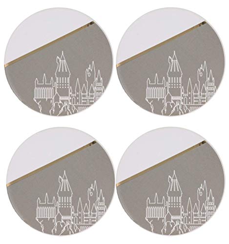 Harry Potter Hogwarts Coasters, 4 Piece Ceramic Coaster Set - Protect Tables from Drinks - A Magical Novelty Gift for Potterheads - White and Grey with Hogwarts Silhouette and Gold Plated Finish