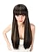Kalyss 28 inches Women's Long Silky Straight Black Brown Highlights Heat Resistant Smooth Yaki Synthetic Wig With Bangs Hair Replacement Wig for Women (Black with light brown highlights)