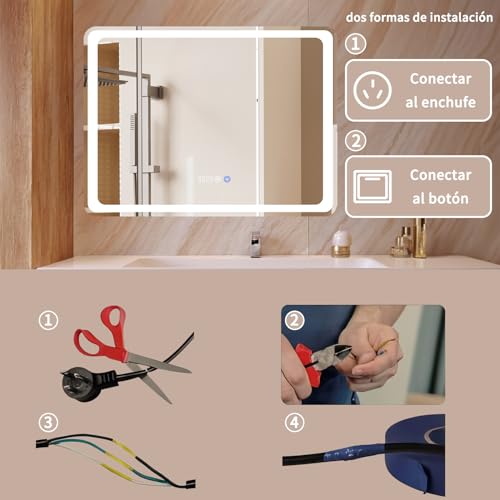 HALMAN Espejo Led para Baño,80 * 61CM Espejos de Pared Rectangular, Espejo Sin Marco con Iluminación de 3 Colores, Antivaho, Brillo Ajustable, Pantalla de Tiempo y Temperatura, Colgante Horizontal
