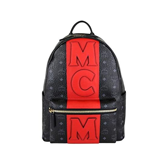mcm red and black backpack