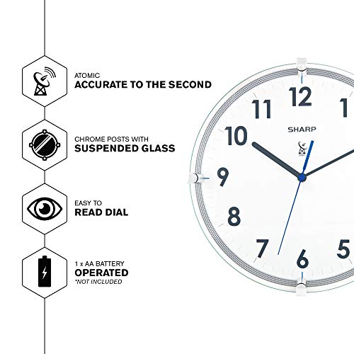 Sharp Atomic Analog Wall Clock 10.5” Suspended Glass Face Atomic