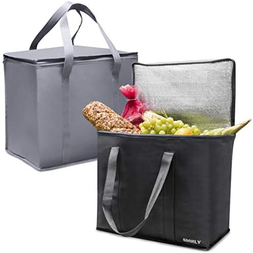 Smirly Insulated Reusable Grocery Bags: 2 Pack of Heavy Duty Shopping Bags with Zippered Top and Sturdy Handles - Large Thermal Insulated Tote Bag for Hot or Cold Groceries, Food Delivery and More