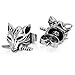 INBLUE Men's Stainless Steel Stud Earrings Silver Tone Black Wolf Head Dagger Knife