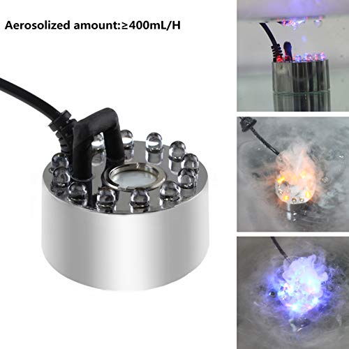 AGPTEK 400mL/H Aluminum Original Mini Mist Maker Fogger with 12 LED Lights Water Pond Garden Fountain Fogger Indoor Outdoor Fountain Accessories Fog Machine Atomizer Air Humidifier