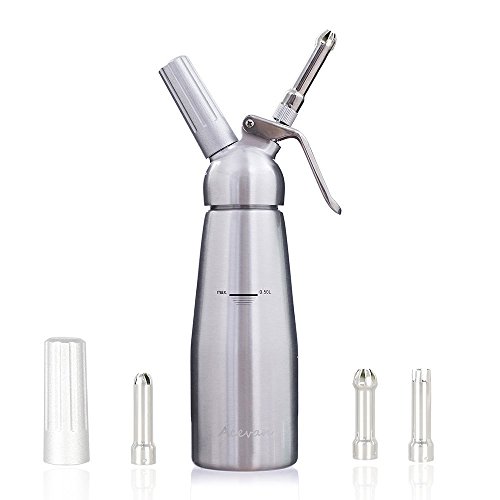Acevan Professional Aluminum Whipped Cream Dispenser / Cream Whipper 500 ml - with 3 Stainless Steel Decorating Nozzles and Brush Set - Uses Standard N20 Cartridges (not included)