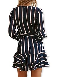 AOOKSMERY - Vestido corto de manga larga con volantes, cuello en V, cintura imperio, con cinturón, para mujer