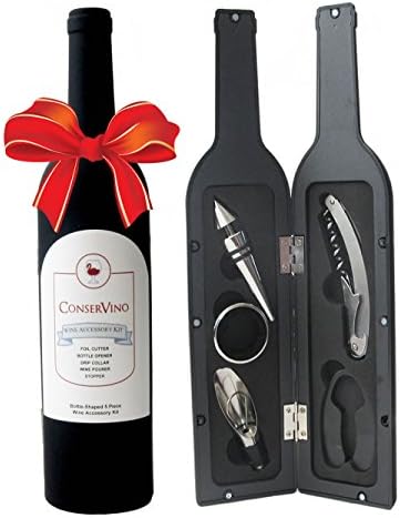ConserVino 5 Piece Wine Gift Set Bottle Shaped Deluxe Accessory Kit Novelty Hostess Tool Kit Christmas Holiday Gift Bottle Opener Corkscrew Foil Cutter Pourer Stopper Drip Ring Collar Bar Set Supplies