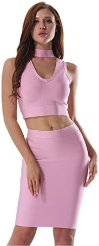 MEILIYI Two-Piece Halterneck Sexy Exposed Umbilical Bandage Dress(4 colors ),Pink,Large,Pink,Large
