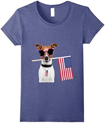 Womens 4th of July Shirt American Flag Jack Russel Terrier Dog Tags Medium Heather Blue