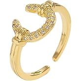 Dtja Dainty CZ Horseshoe Adjustable Ring for Women 14K Gold Plated Stainless Steel Crystal Love U Statement Open Band Finger Rings Comfort Fit Fashion Cute Birthday Anniversary Jewelry Gift