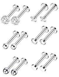 Sumind 6 pares de piercings de acero inoxidable para nariz, barra de labio, bola de cristal, 6 diseños, calibre 16