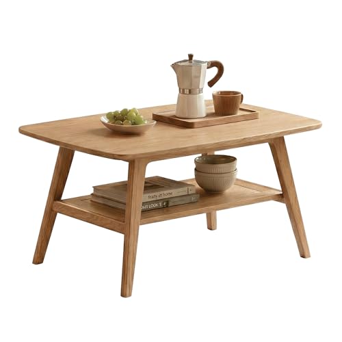 YESWOOD Solid Oak Coffee Table, Living Room Table with Storage 2 Levels, Solid Wood Coffee Table Ideal for Living Room, 80 x 50 x 44 cm, Natural Oak