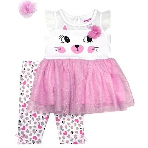 Nanette Girls 2PC Leggings and Shirt Set with Wide Variety of Flowers, Butterfly, and Animals Pink Cat
