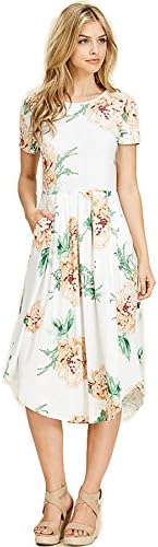 SHOPGLAMLA Floral Print Round Neck Hem Flared Short Sleeves Pocket Mid Beautiful Botanical Bliss - Ivory M
