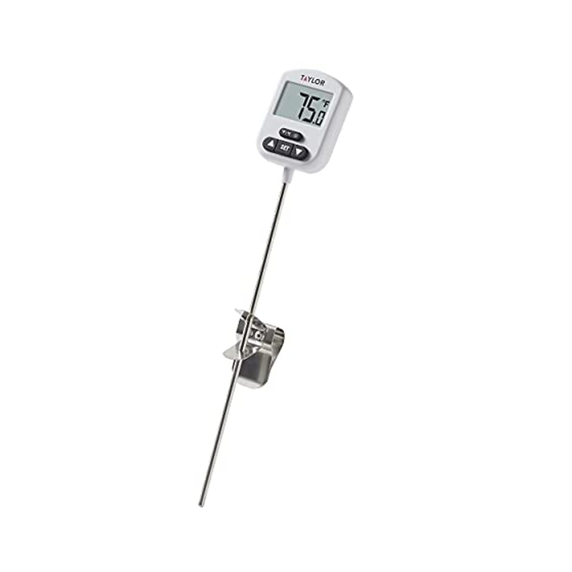 Photo 1 of Taylor Programmable Digital Candy and Deep Fry Thermometer with Green Light Alert Display, Long Stem, and Adjustable  kitPan Clip, White