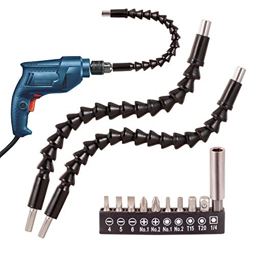 Eeoyu 3 Pcs 11.6 Inch Flexible Drill Bit Extension,Screwdriver Soft Shafts,with 10 Drill Bit Sets, 1/4" Hex Head Magnetic Connect Drive Shaft Tip, Batch Head Connecting Rod Multi-angle Work