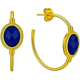 GEMPIRES 14k Gold Hoop Earrings for Women – Oval Rose Cut Gemstone, 1.2” Lightweight Hypoallergenic Hoops with Post Back – Small Gold Earring Hoops – Lapis, Black Spinel, Green Onyx & More