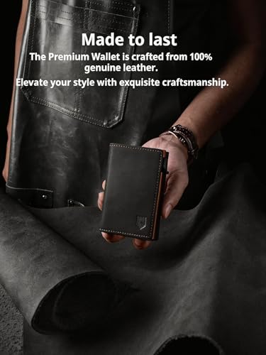 RFID Blocking Pop Up Wallet for Men, 100% Genuine Leather Slim Bifold, Aluminum Card Holder with ID Window, YKK Zipper Pocket, Minimalist Front Pocket Travel Wallet, Ideal Gift for Men, Black Orange