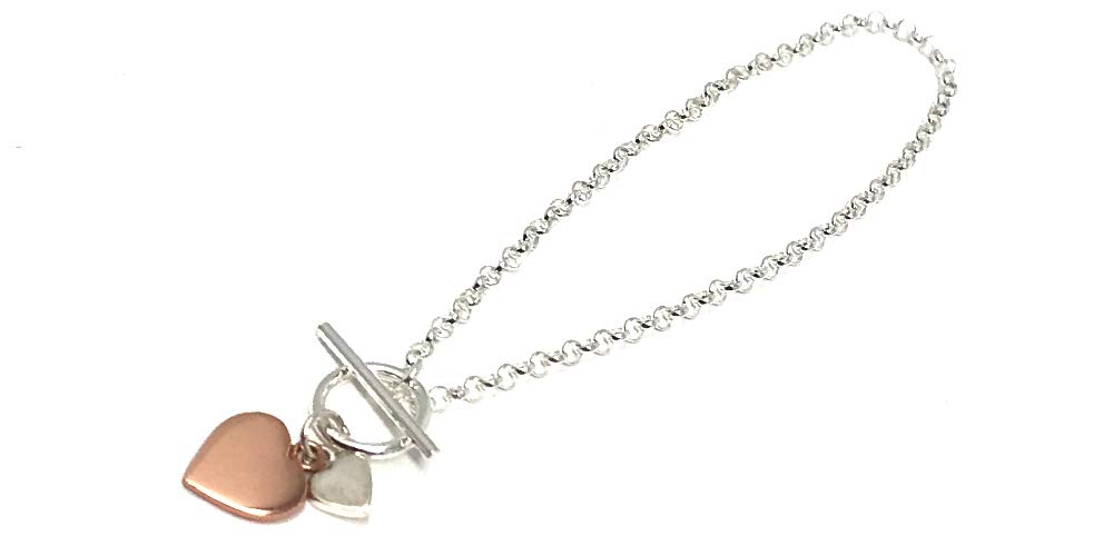 Strictly Gifts Silver & Rose Gold Double Love Heart T Bar Bracelet for Women Girls Mum Daughter Friend with Gift Box 925 Sterling
