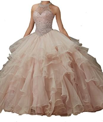 Zhiban Women's Beads O Neck Sheer Sleeve Dimonds Wedding Quinceanera Dresses 18 US Pale Pink