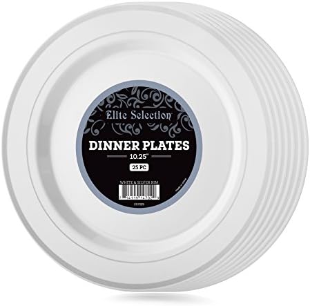 Elite Selection Pack of 25 White Dinner Plates With Silver Rim 10.25-Inch ...