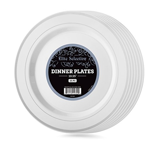 Elite Selection Pack of 25 White Dinner Plates With Silver Rim 10.25-Inch ...