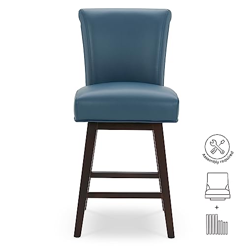 CHITA 26 Inch Counter Height Swivel Bar Stools Set of 2, FSC Certified Modern Upholstered Faux Leather Swivel Barstool Chair with Back, Blue
