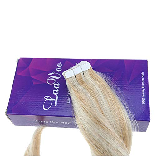 LaaVoo 14 inch Highlight Blonde Tape in Human Hair Extensions Color #27 Honey Blonde to Color #60 Light Blonde Seamless Human Hair Extension 20Pcs 50g/Package - Thumbnail 4