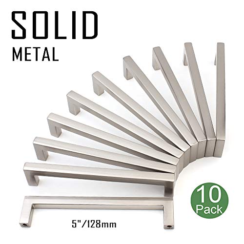 Koofizo Solid Square Bar Cabinet Handle - Nickel Furniture Pull, 5 Inch/128mm Screwhole Distance, 10-Pack for Kitchen Cupboard Door, Bedroom Dresser Drawer, Bathroom Wardrobe Hardware