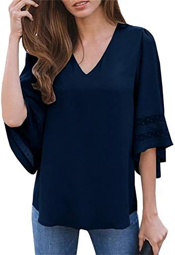 Umeko Womens V Neck Chiffon Blouses Tops Oversized Long Lantern Sleeve Pullover Shirts