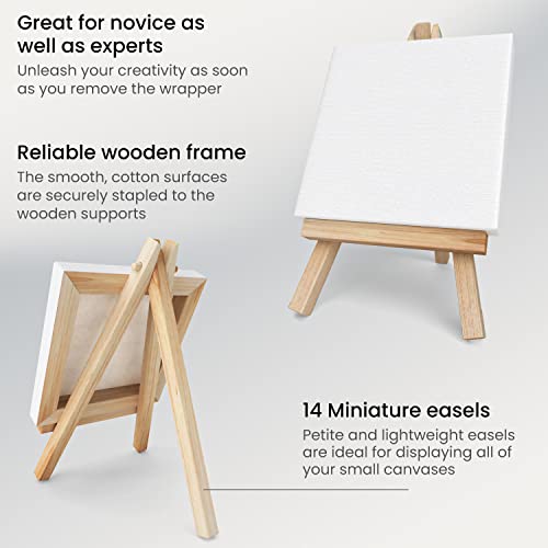ARTEZA Mini Canvases for Painting with Easels, Pack of 14, 4 x 4 Inches